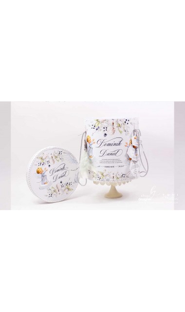Trusou botez cu ingeri si flori de bumbac personalizat pentru baieti Ingerul Albastru 13